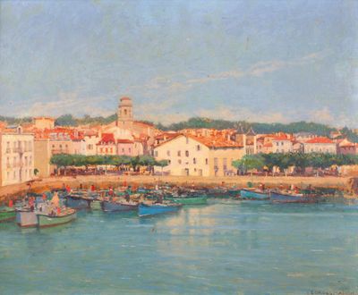 a painting of a harbor with boats in the water