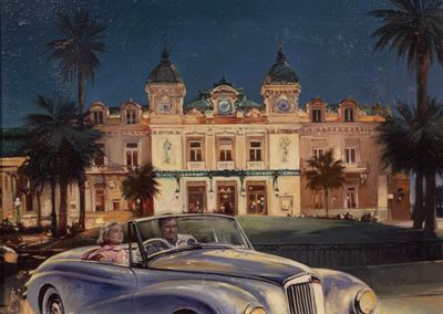 un tableau représentant une voiture garée devant un grand immeuble