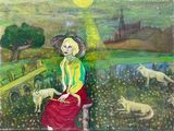a painting of a woman sitting on a bench in a field