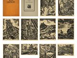 une série de douze dessins en noir et blanc représentant des personnes dans les bois