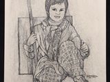 pencil drawing of a young boy sitting on the ground with a cane