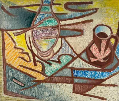 un dessin représentant une bouteille et un bol posés sur une table
