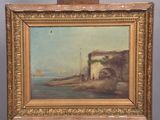 an oil painting of a boat in a body of water with a building in the background