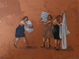 un tableau accroché au mur représentant une femme portant un bébé