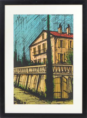 tableau représentant une maison sur un pont, avec un toit rouge