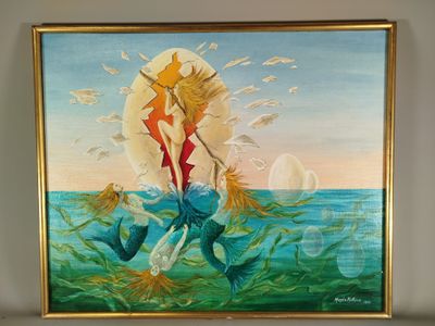 tableau représentant une femme avec un cerf-volant sur une plage, au milieu des mouettes