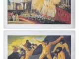 deux tableaux représentant un homme et une femme devant un immeuble