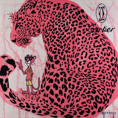 a pink and black painting of a leopard and a girl