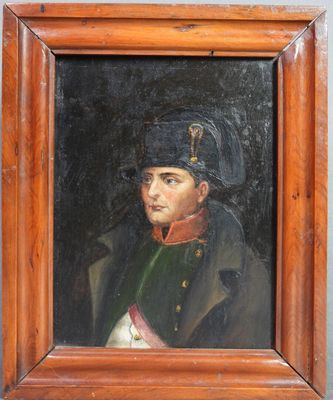 une peinture à l'huile représentant un homme en uniforme militaire, dans un cadre en bois