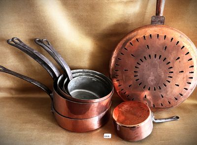a lot of pots and pans that are on the table