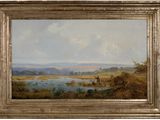 l'image d'un tableau représentant un paysage avec une rivière au premier plan