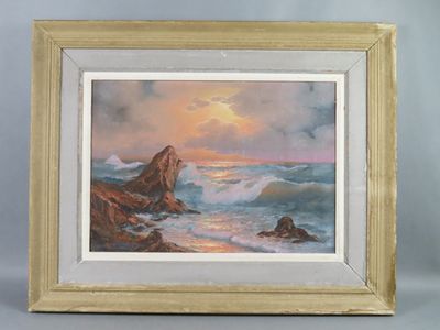 an oil painting of a sunset over the ocean with rocks in the foreground