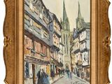 an image of a painting of a city street with a church in the background