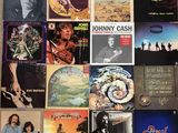 many different albums on the wall of this room
