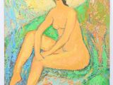 a painting of a woman sitting on top of a green couch