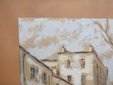 a picture of a painting of a building in the snow