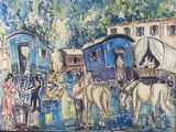 a painting of a group of people riding on a horse drawn carriage
