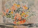 une aquarelle représentant un vase de fleurs posé sur une table