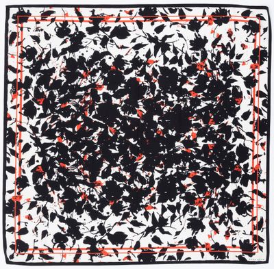 a black and white square with red splats on it