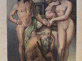 un vieux livre sur lequel figure une peinture représentant un groupe d'hommes et de femmes nus