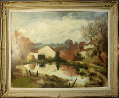 une image représentant un tableau représentant une scène de vie à la ferme, avec un cheval au premier plan