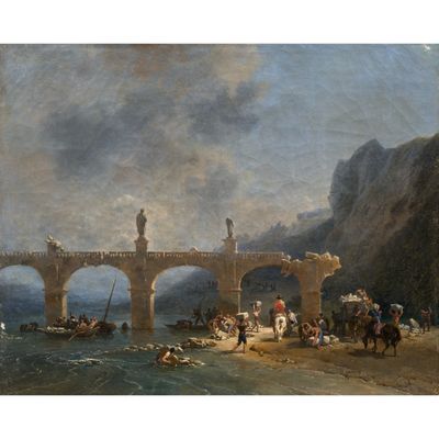 une image représentant un tableau dans lequel on voit des personnes sur un pont enjambant un plan d'eau