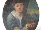 painting of a young boy holding a stick in his right hand and wearing a red beret