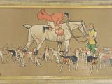 une photo d'un tableau représentant un homme à cheval accompagné de chiens de chasse