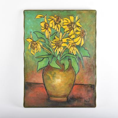 tableau représentant des fleurs jaunes dans un vase marron posé sur une table