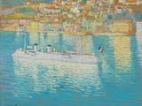tableau représentant un bateau sur un plan d'eau, avec une ville en arrière-plan