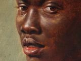 an oil painting of a black man ' s face with a serious look