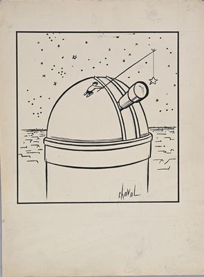 un dessin représentant un télescope avec un homme dessus