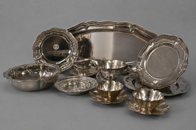 a group of silver plated dishes and bowls on a gray surface