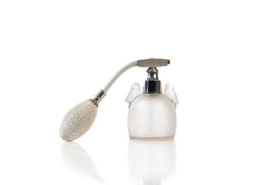 a bottle of liquid and a brush on a white surface