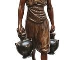bronze statue of a man holding two pots and a bowl