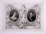 an old black and white photo of two women in formal dress