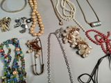a lot of necklaces and brooches that are on a table