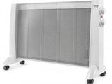 un radiateur électrique blanc sur roulettes, sur fond blanc