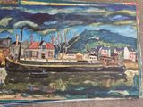 a picture of a painting of a boat in the water