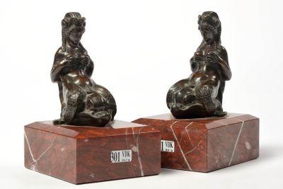 Paire d'éléments de heurtoirs en bronze à patine brune figur…
