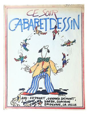 une vieille affiche représentant un homme jonglant avec des oiseaux en plein vol