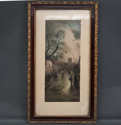 tableau représentant une scène de rue avec des passants marchant sous la pluie