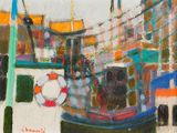 une peinture représentant un bateau sur l'eau avec un gilet de sauvetage à bord
