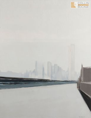 une peinture représentant un train sur les voies, près d'une ville