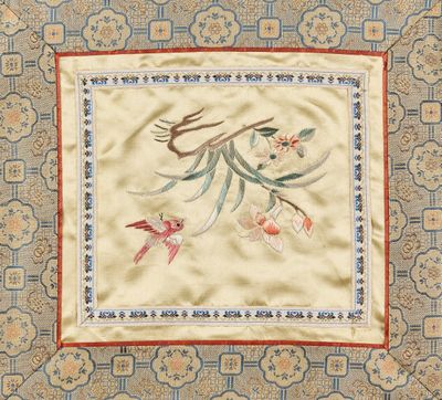 un gros plan sur un morceau de tissu orné d'oiseaux et de fleurs