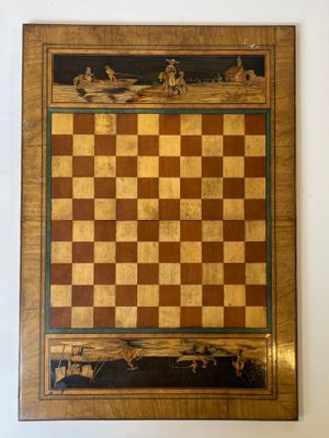 painting of a chess board with figures on it on a wall
