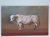 un tableau représentant une vache blanche debout sur un fond rouge