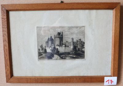 un vieux dessin représentant un château, encadré dans un cadre en bois et accroché au mur