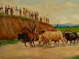 a painting of a man on a horse leading a herd of cattle