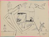 une image représentant le dessin d'un homme portant un casque, avec un avion en arrière-plan